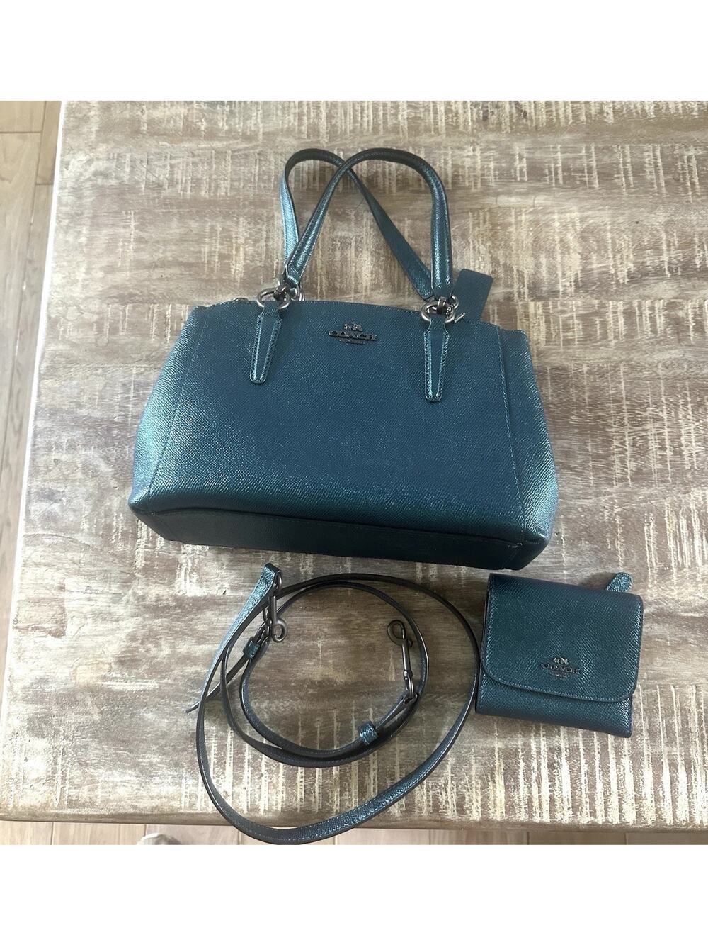 Coach Authentic Mini Christie Carryall Metallic Dark Teal Purse W/ Wallet EUC
